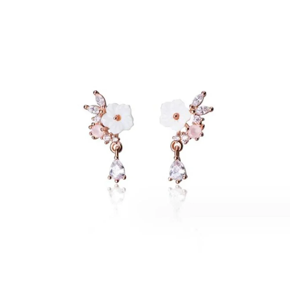Sterling Silver Crystal Flower Earrings Delicate Minimal Floral Earrings Studs - Picture 5 of 8